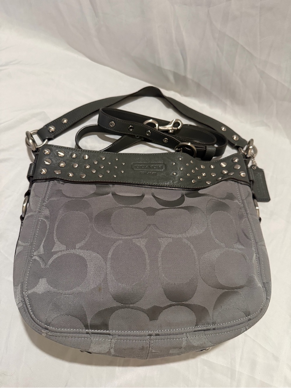 Coach Studded Signature Jacquard Convertible Hobo Bag Grey/Silver F15238